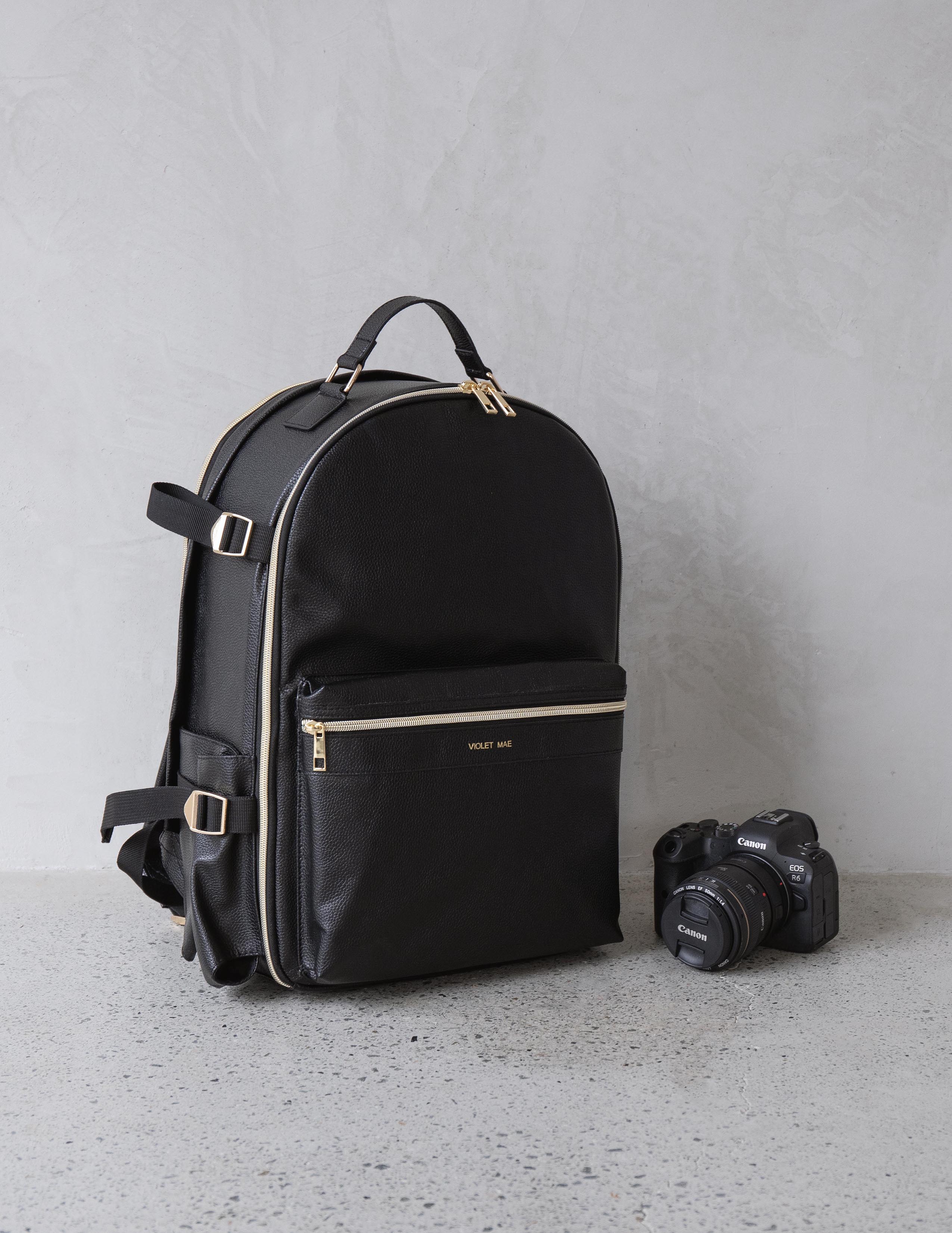 Charli Camera Backpack – Vegan Leather Brown & Gold
