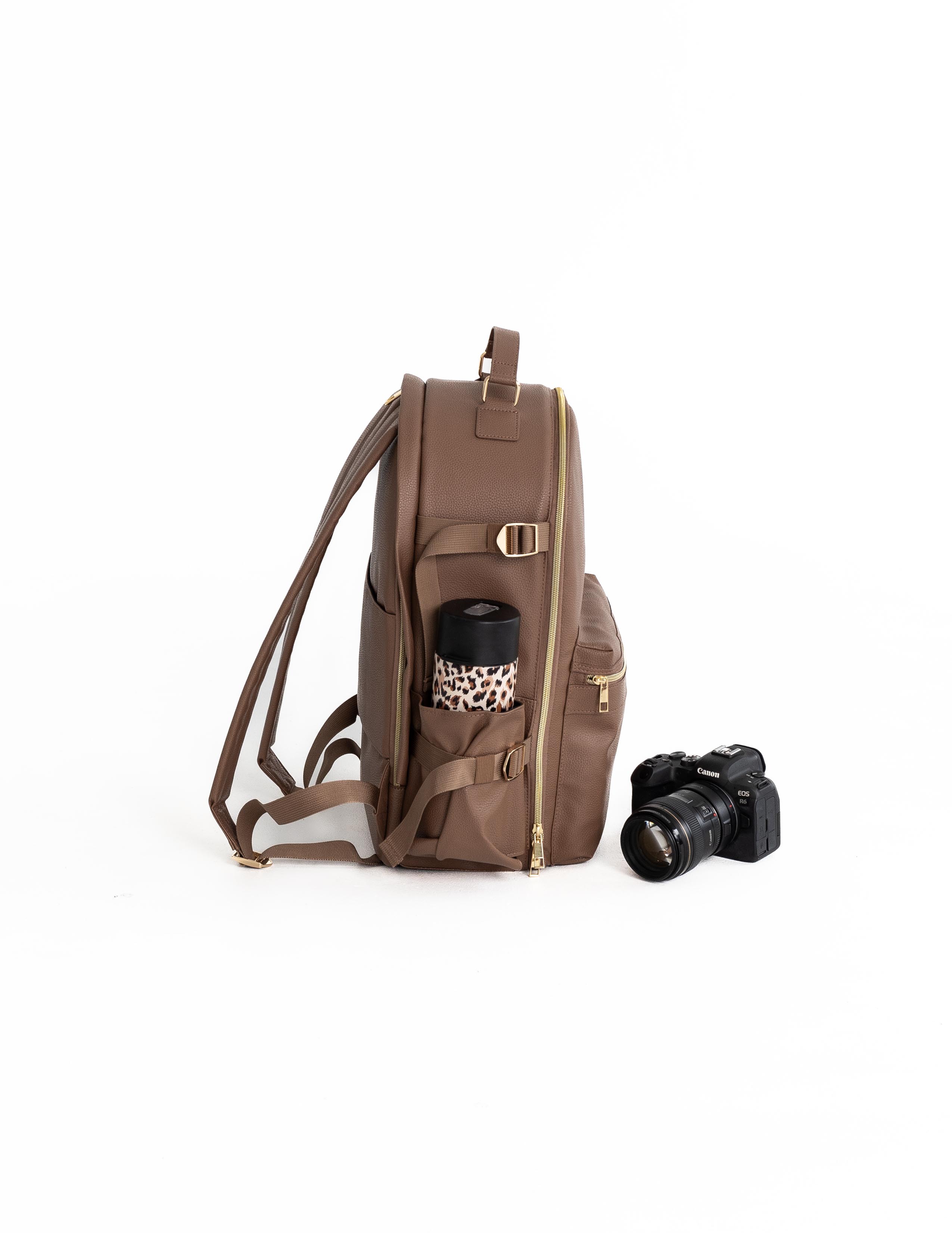 Huxlie Camera Backpack – Vegan Leather Brown & Gold