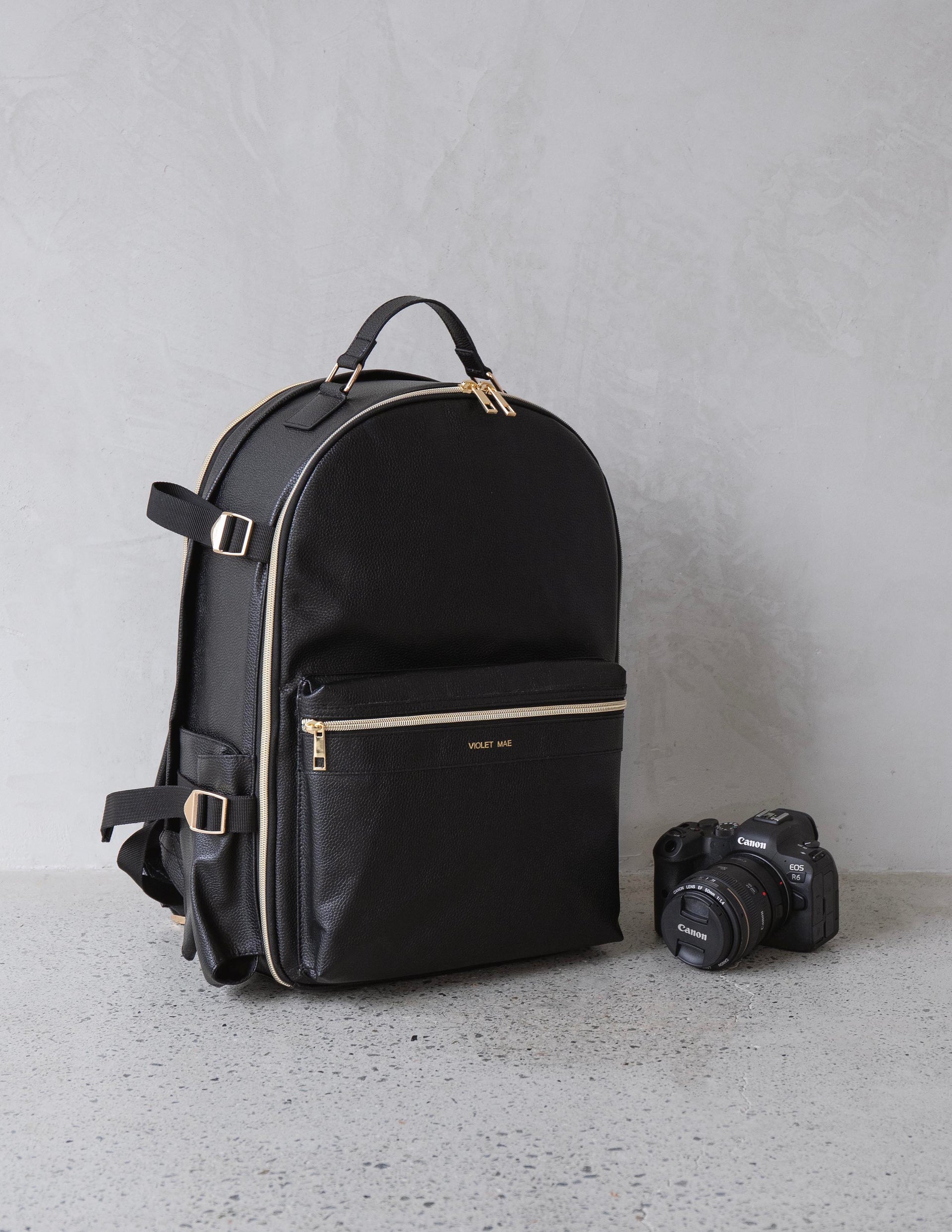 camera leather backpack Charli Camera Backpack – Vegan Leather Brown & Gold
