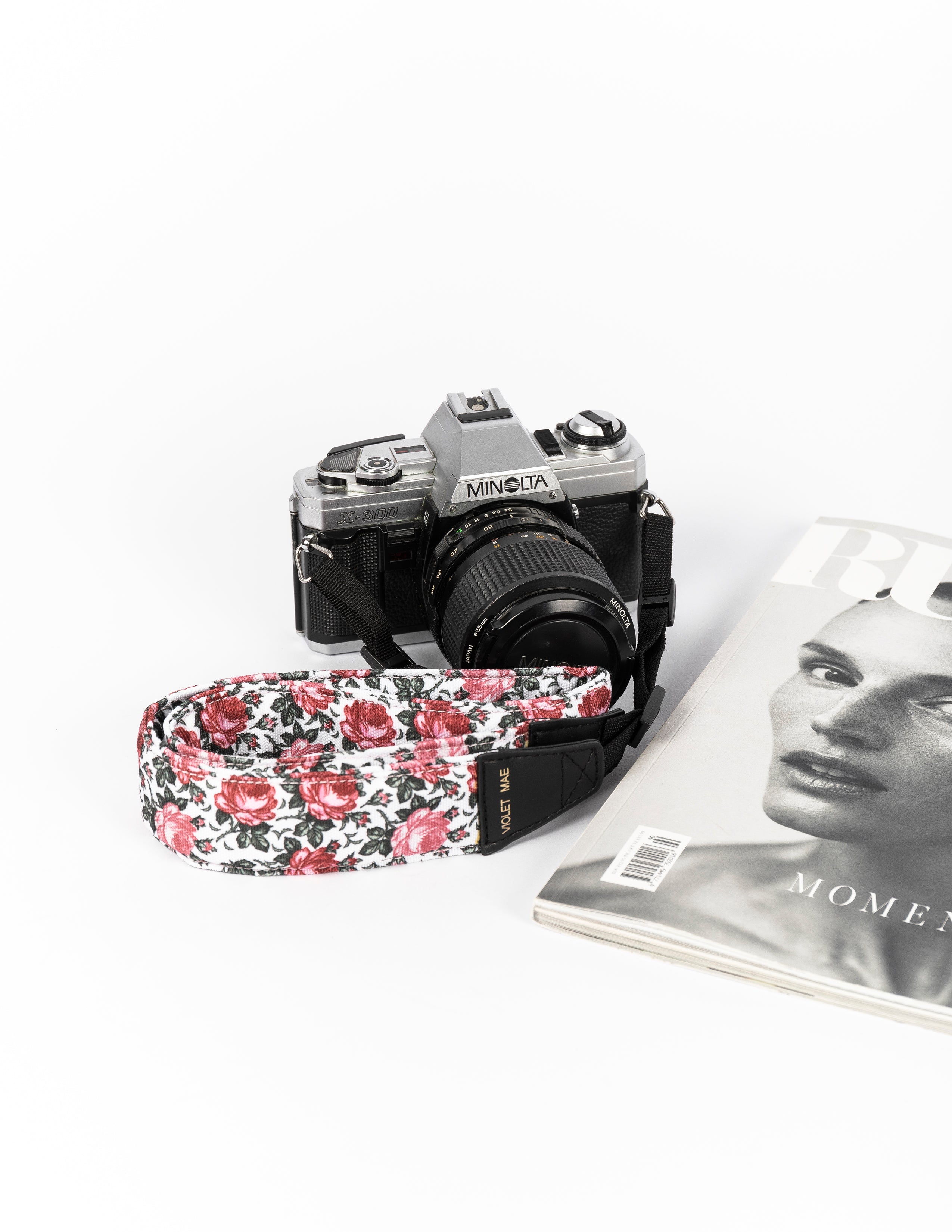 chic camera strap rose print pink and white